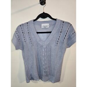 Vintage Naomi‎ Bee SM Blue Cable Knit Short Sleeve Sweater Cottagecore Soft Girl